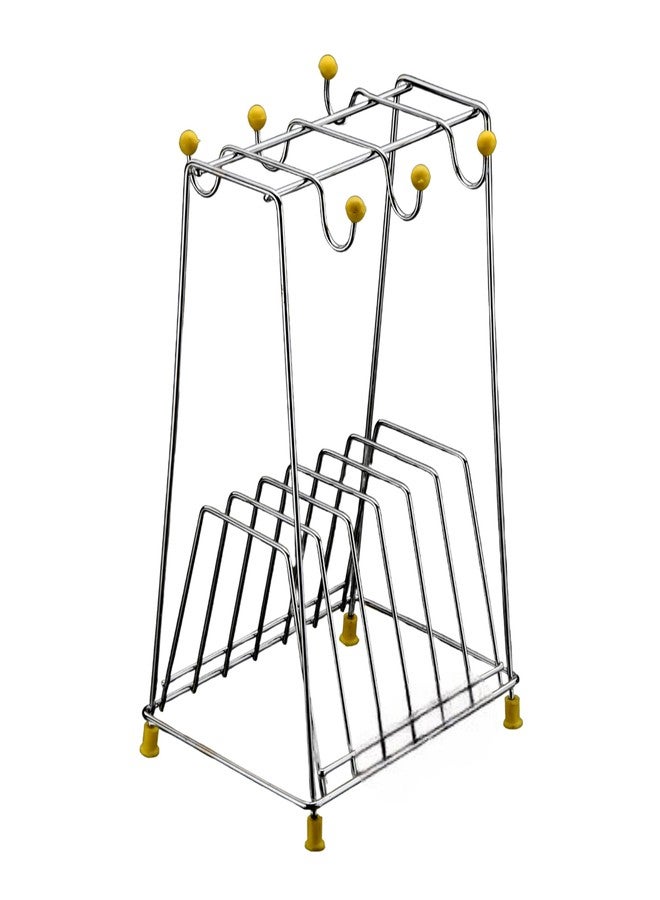 GRIDKITCHEN Stainless Steel Cup Saucer Plate Stand 6 Hooks for Holding Mugs & Tea Cup and 6 Section for Holding Plates, Dishes & Lids Pack of 1 - Image 1